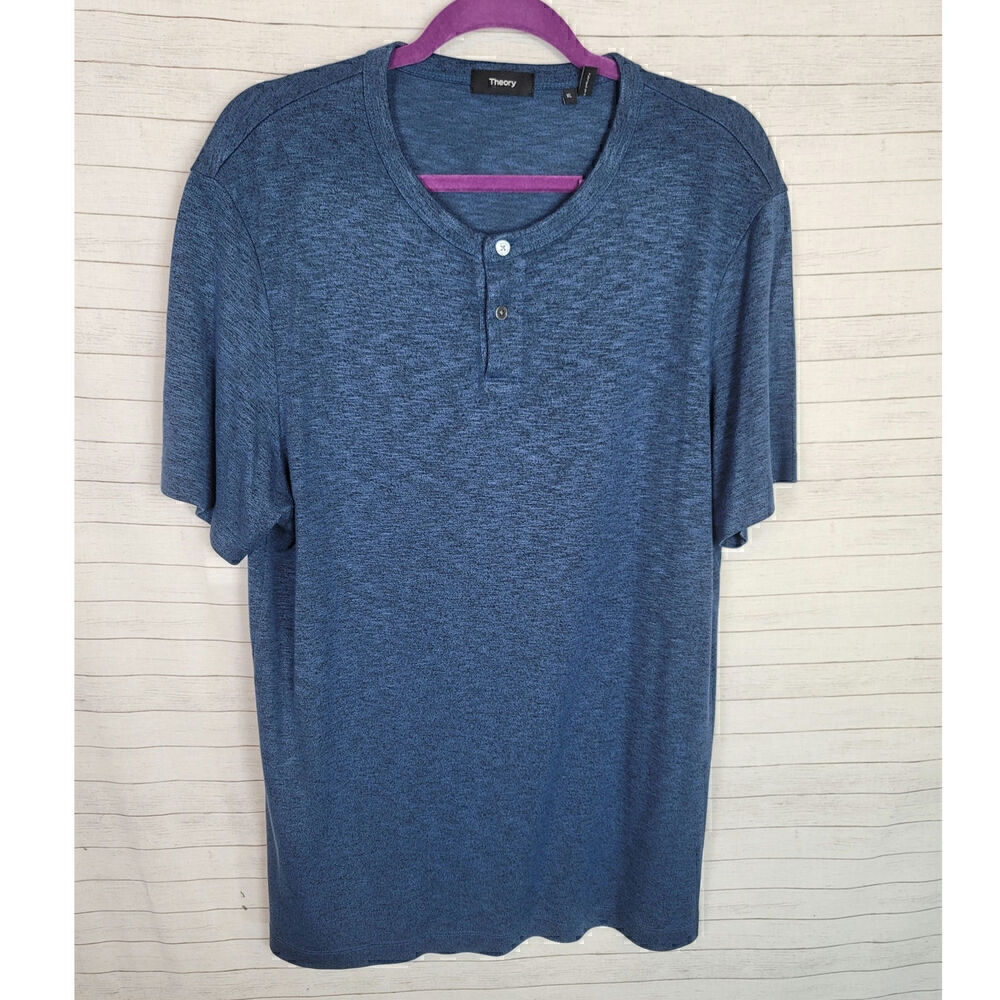 Theory Anemone Gaskell Short-Sleeve Henley Shirt in Heathered Blue, sz XL